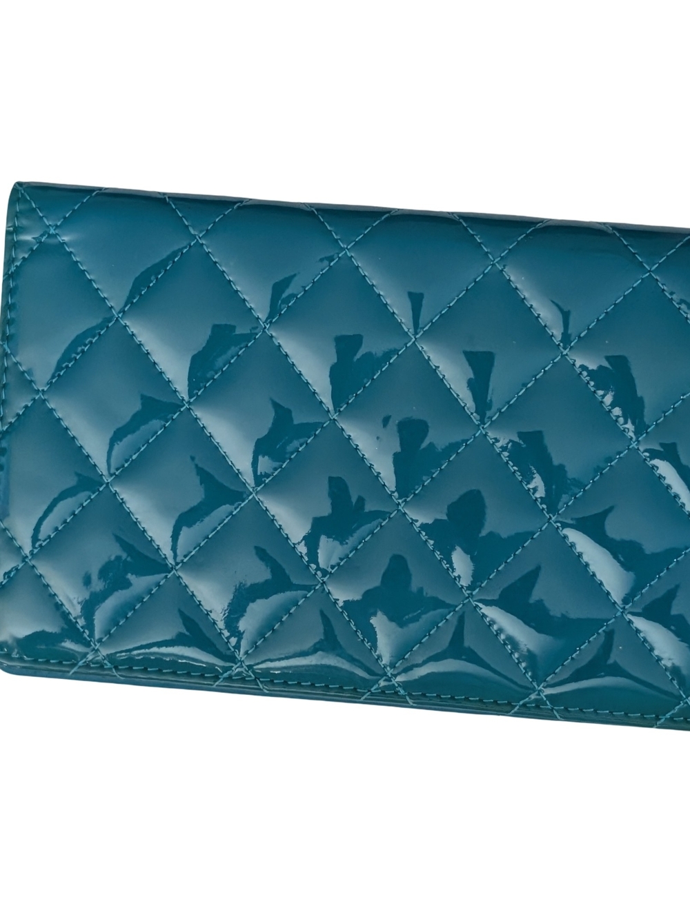 CHANEL Teal Quilted Patent Leather Clutch Silver CC Long Wallet Purse - Picture 3 of 15
